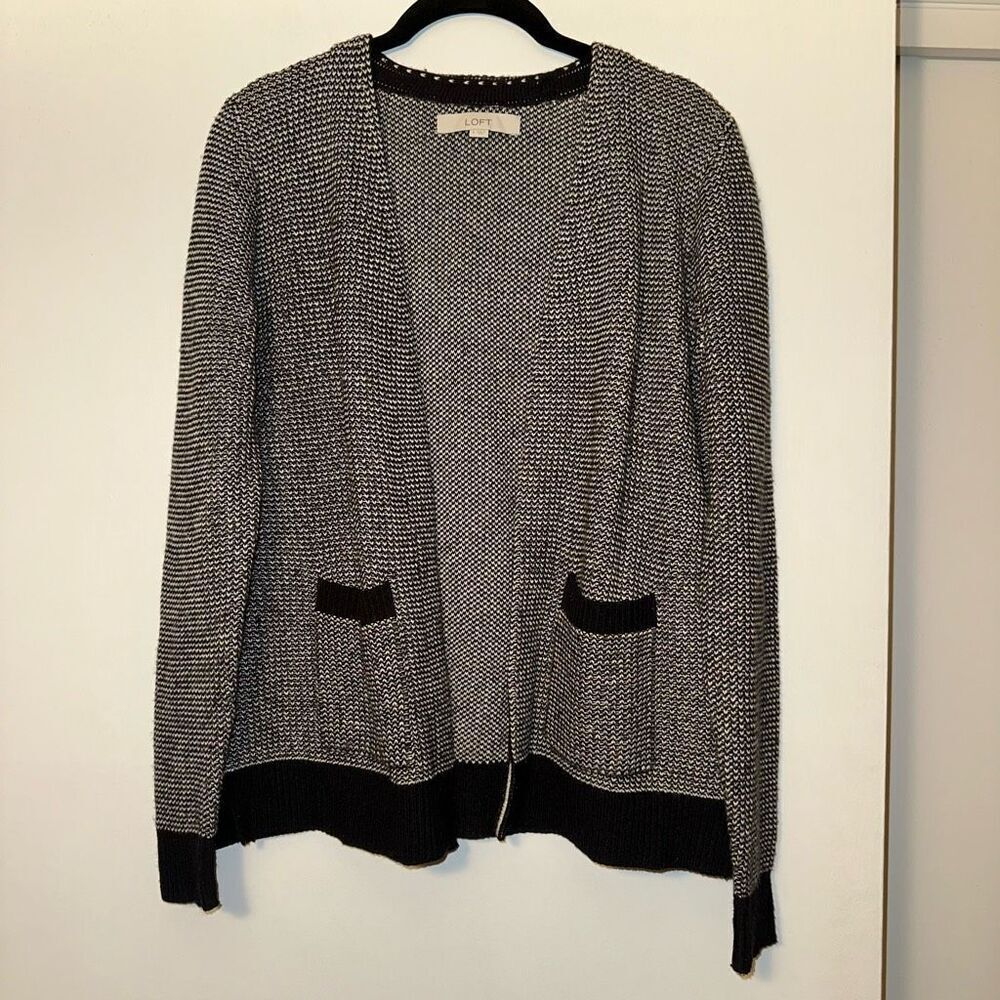 LOFT Women’s Black White Wool Blend Cardigan Sweater Small EUC
